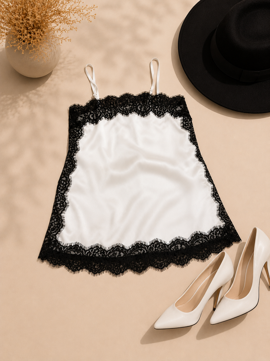 Top satin blanc à dentelle noire