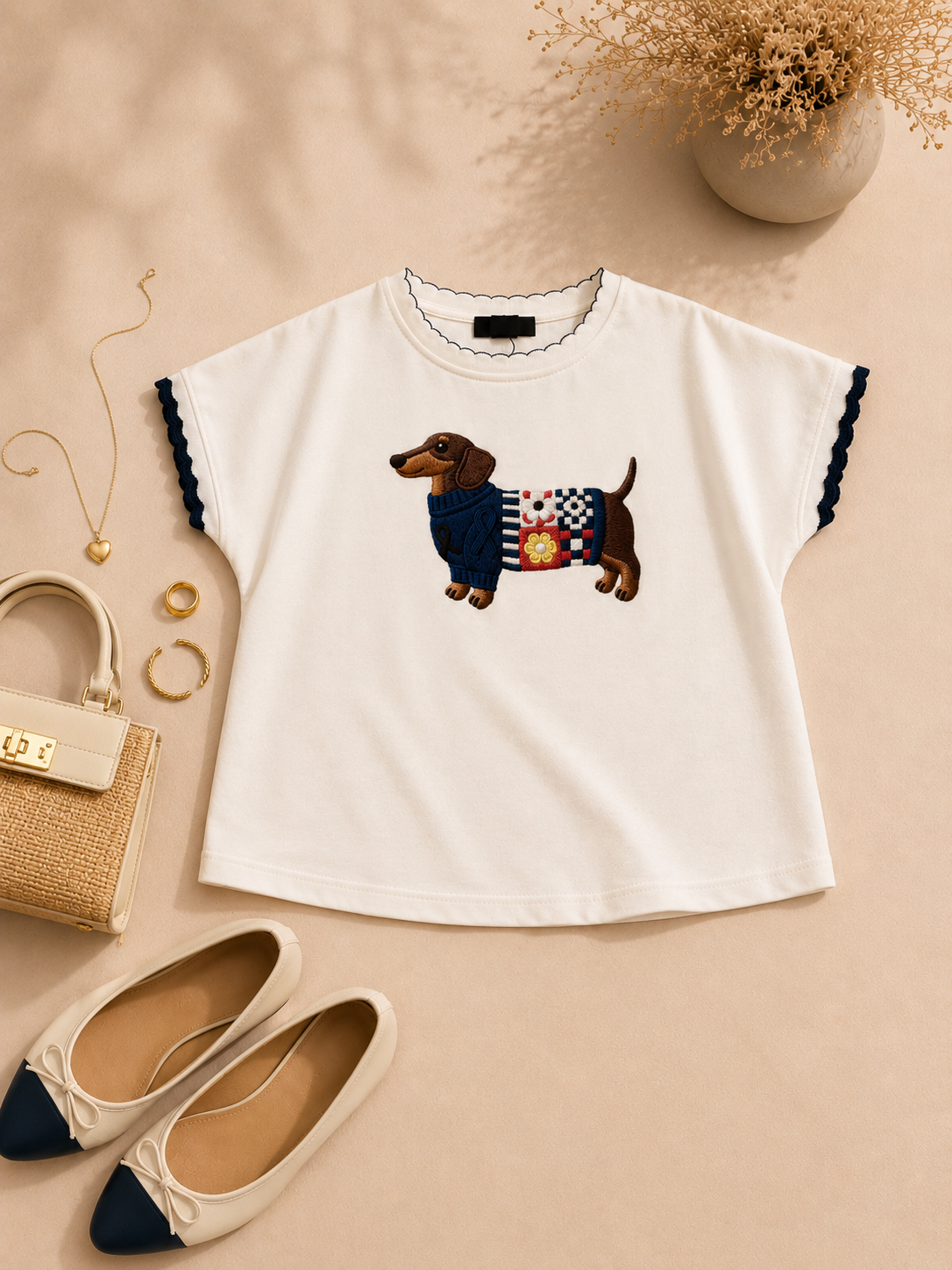 T-shirt blanc brodé teckel