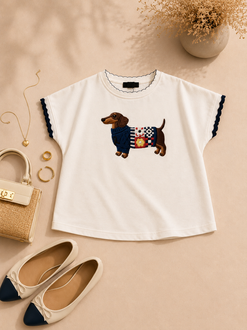 T-shirt blanc brodé teckel