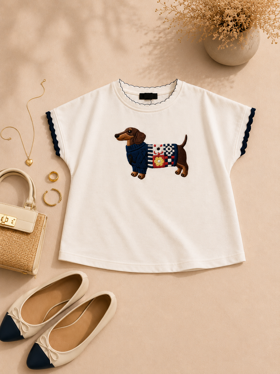 T-shirt blanc brodé teckel